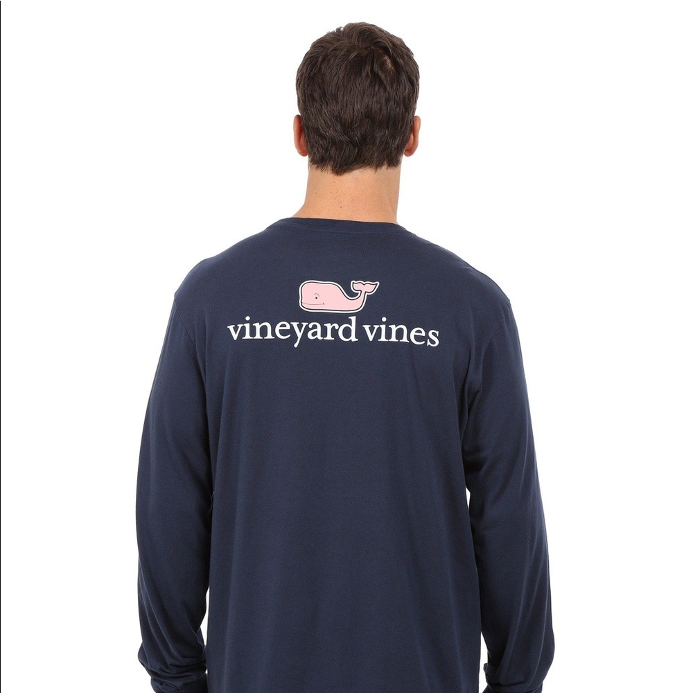 Vineyard Vines Long Sleeve Logo Pocket Tee in Navy